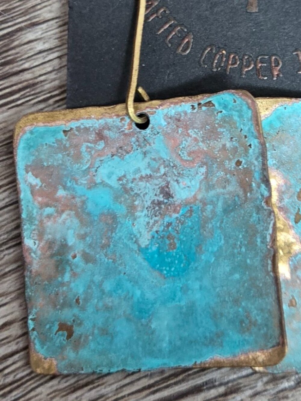 Metal Tree Studio Artisan Brass Turquoise Patina Square Earrings - Picture 3 of 6